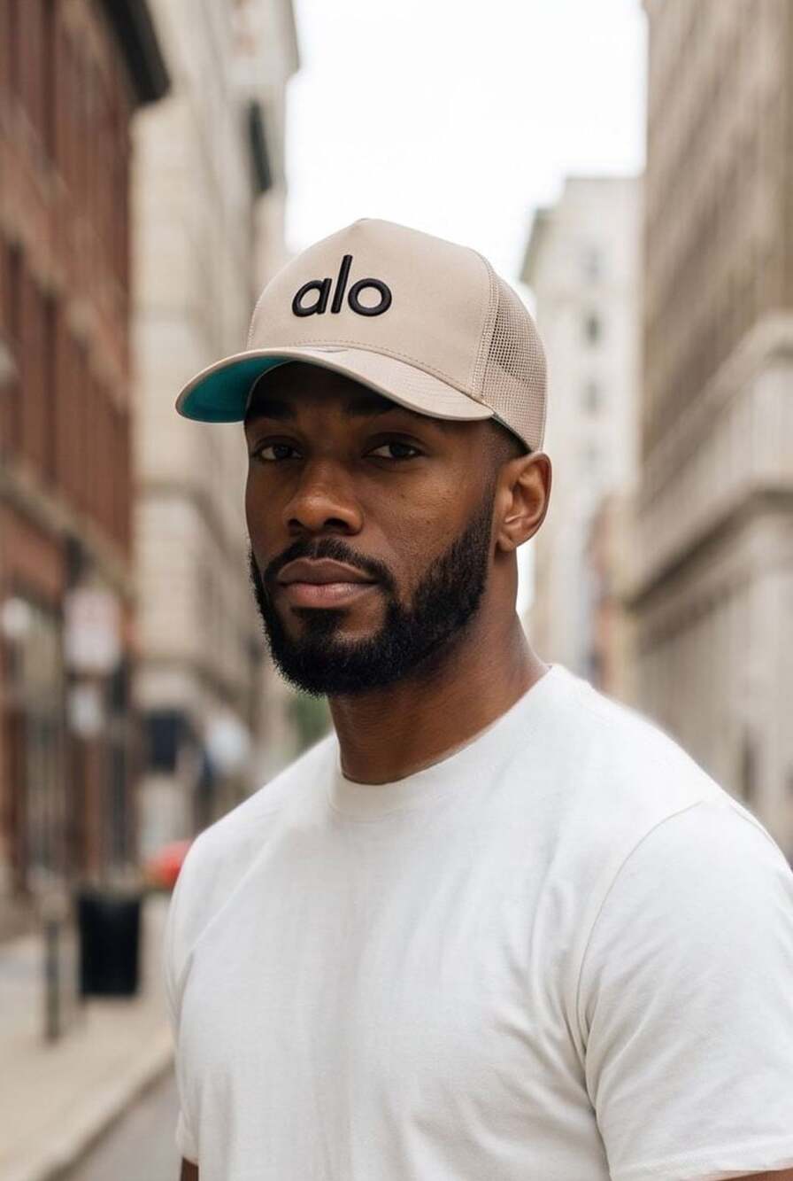 Alo Yoga Trucker Hat Beige Black Logo Mesh Adjustable